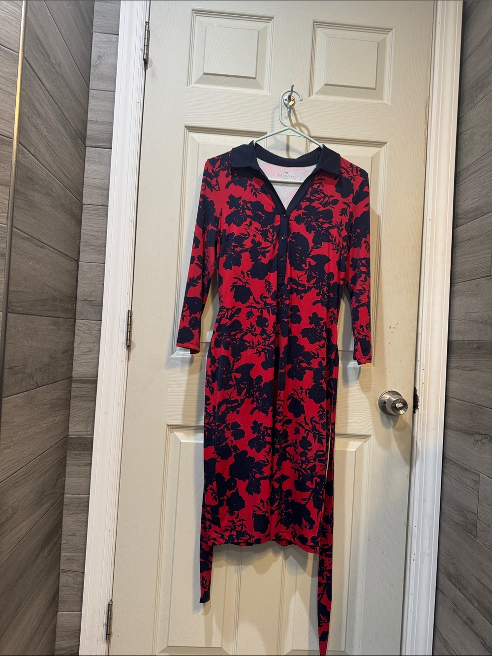 Talbots Red and Black Floral Wrap Midi Dress with Collar